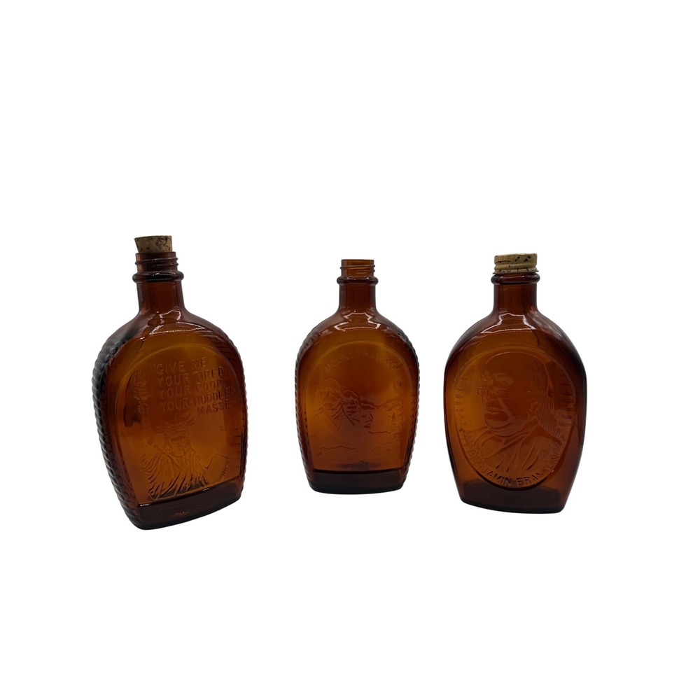 Vintage Amber Brown Glass Bottles Set of 3 Americana Statue of Liberty Decor